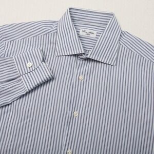Cesare Attolini Shirt Mens 16 34 Blue Brown Stripe Button Front Dress Shirt